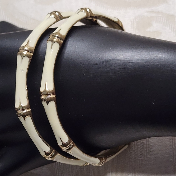 Y2K GOLD TONE BAMBOO STYLE ENAMEL BANGLE BRACELETS – 2-PIECE SET - Picture 1 of 7